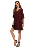 YESFASHION Women's Swing V Neck Ruffle Shift Dress
