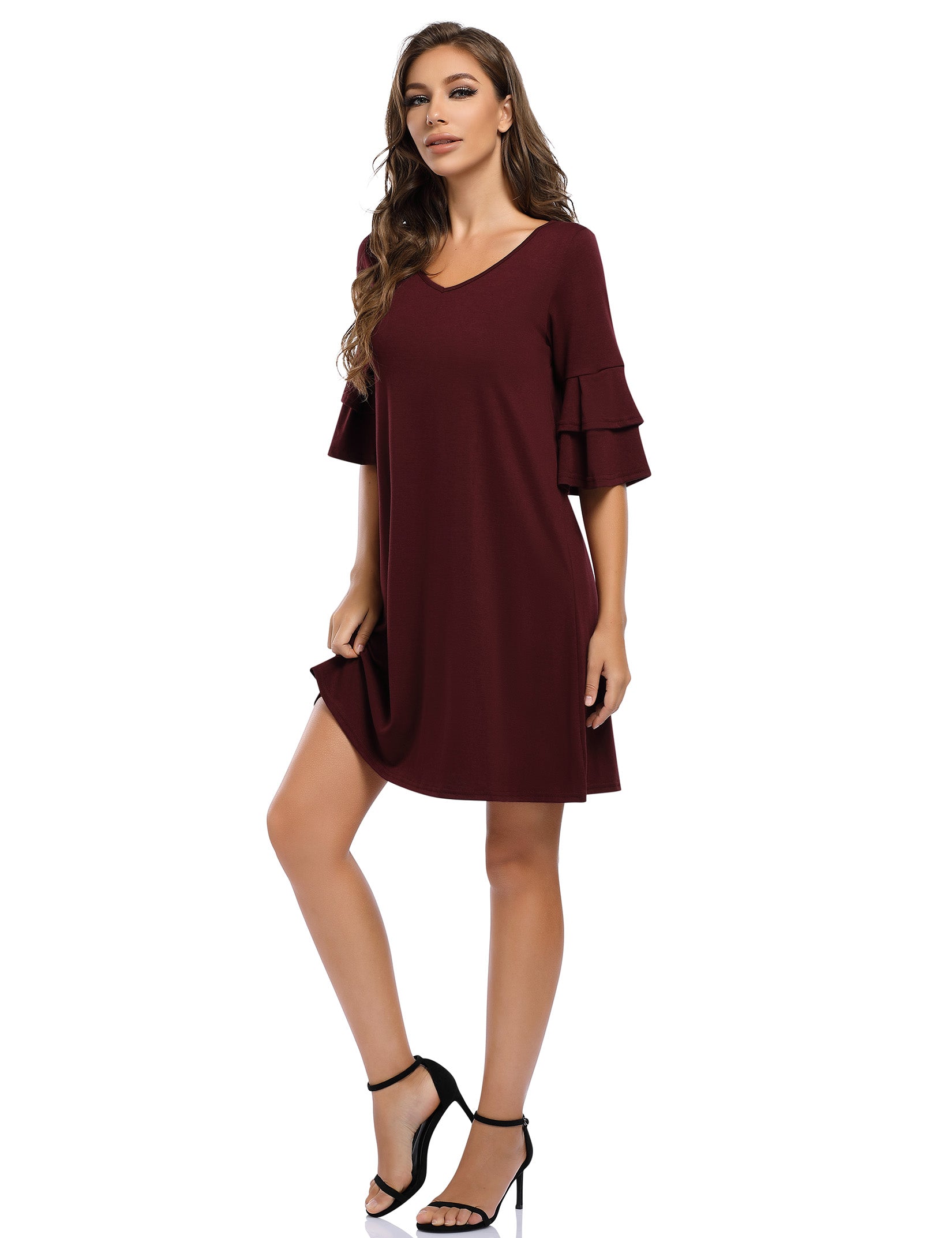 YESFASHION Women's Swing V Neck Ruffle Shift Dress