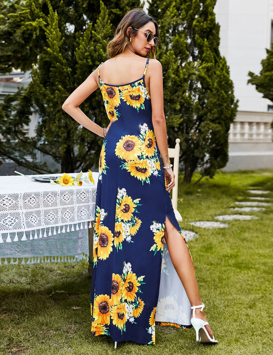 YESFASHION Women's Summer Casual Sleeveless V Neck Floral Dress Blue