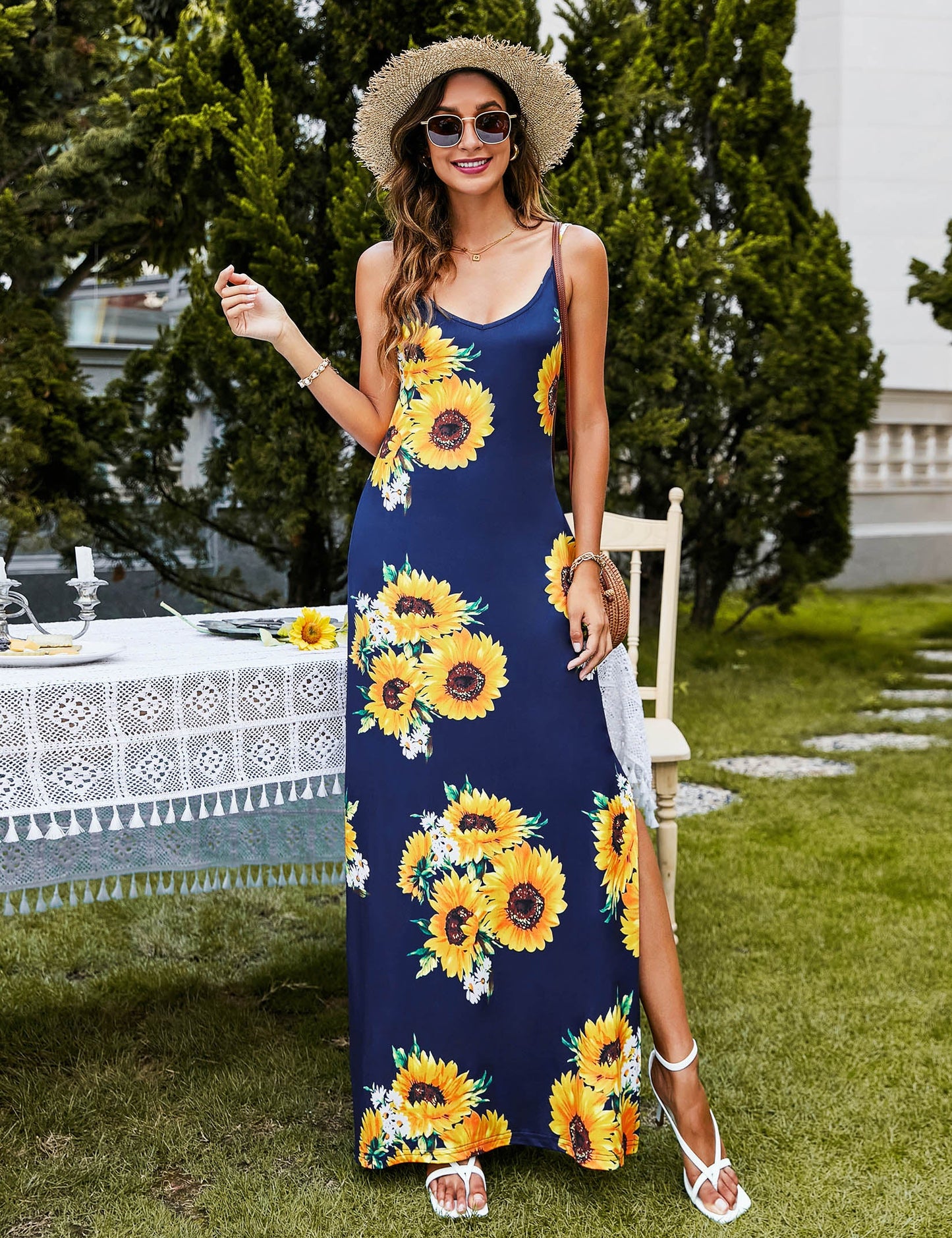 YESFASHION Women's Summer Casual Sleeveless V Neck Floral Dress Blue