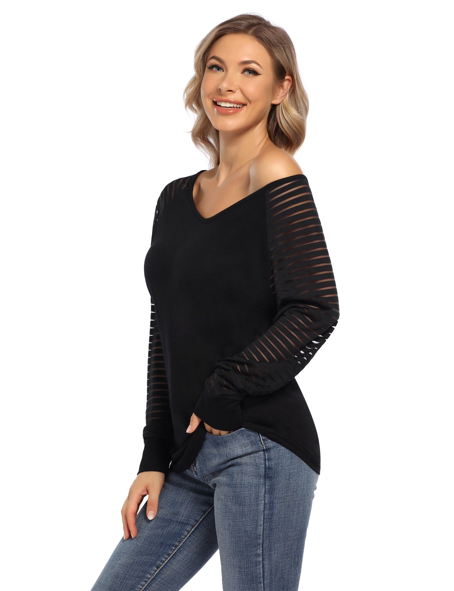 YESFASHION Sheer Sleeve Top V Neck Striped T-Shirts