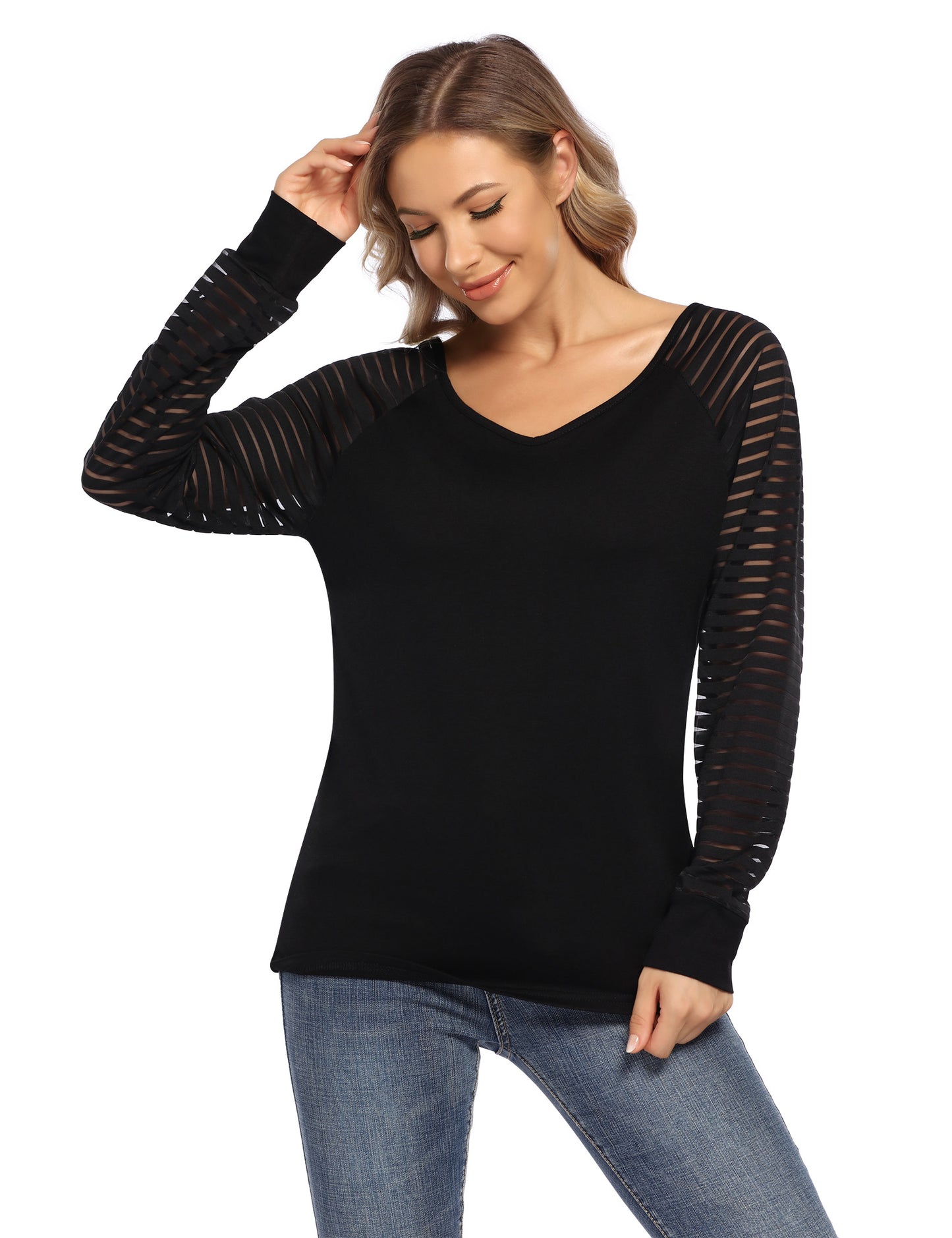 YESFASHION Sheer Sleeve Top V Neck Striped T-Shirts