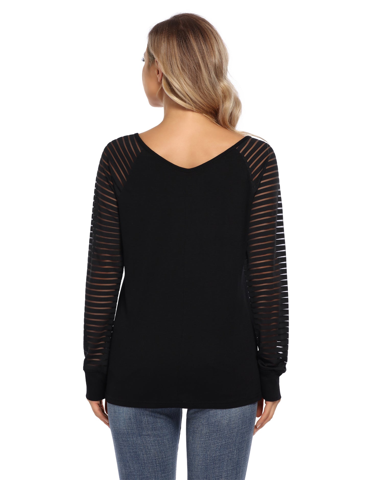 YESFASHION Sheer Sleeve Top V Neck Striped T-Shirts