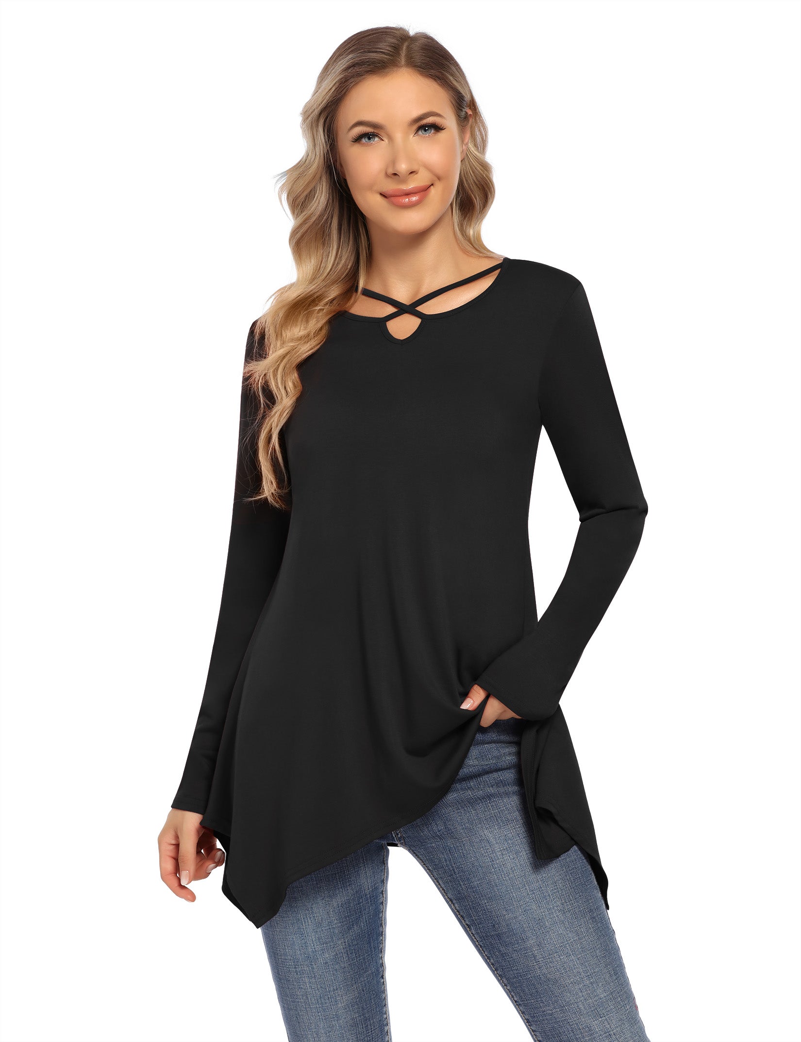 Women's Short Sleeve Tunics Swing Tops Summer Casual V Neck Blouses Loose Basic T-Shirts