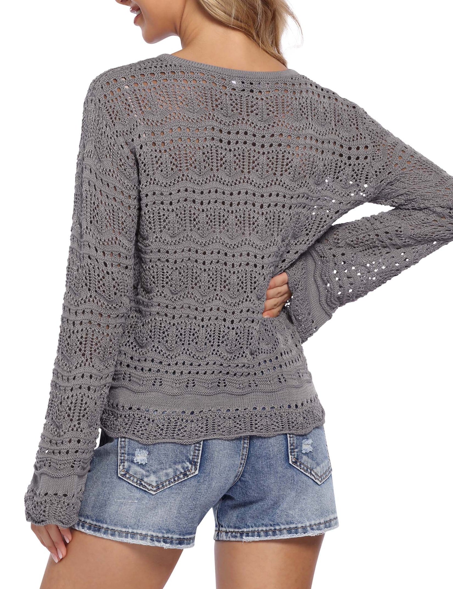 YESFASHION Drawstring Knitted Blouse Women Adjustable Crochet Tops Grey