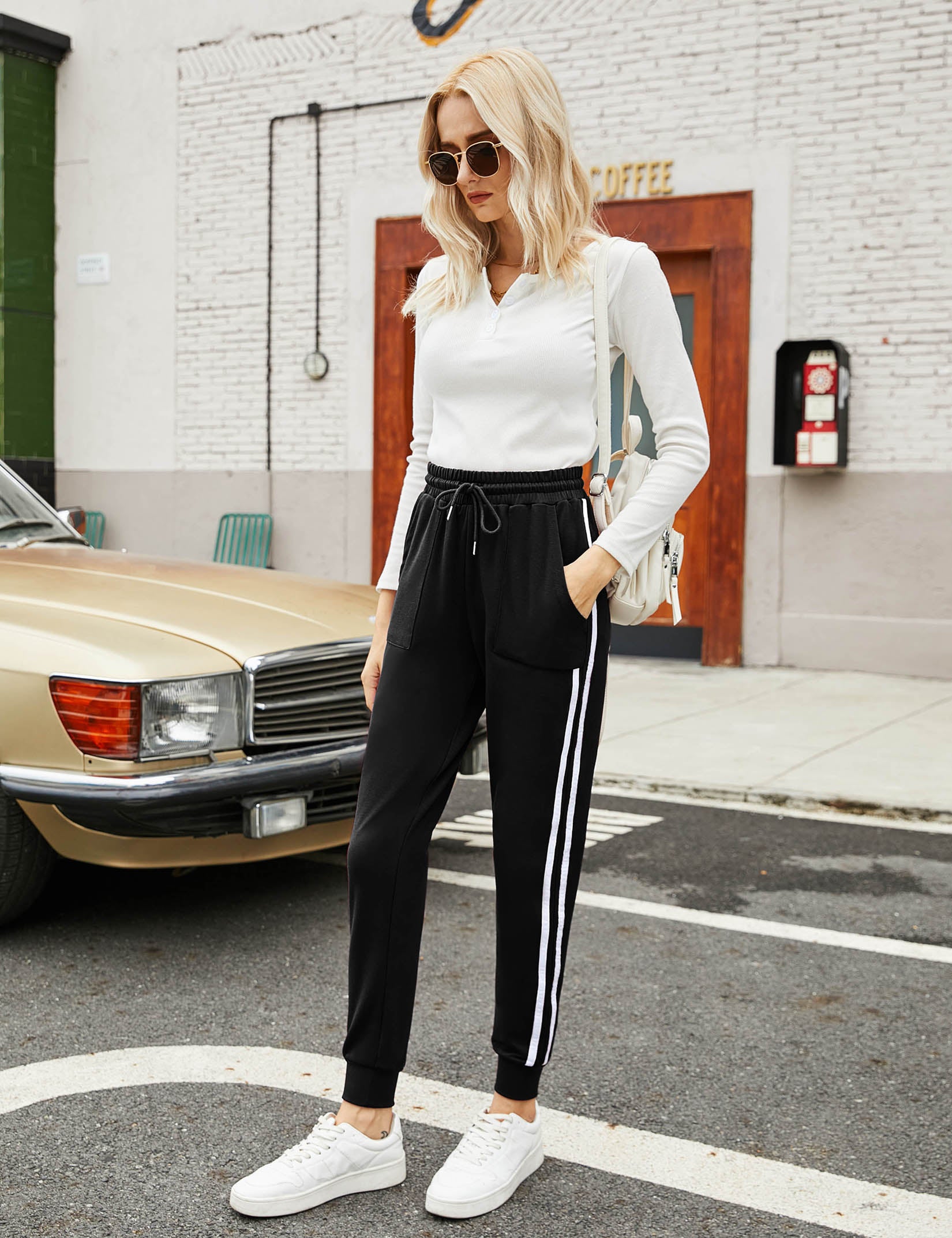 YESFASHION Women's Pockets Casual Sports Pants Black