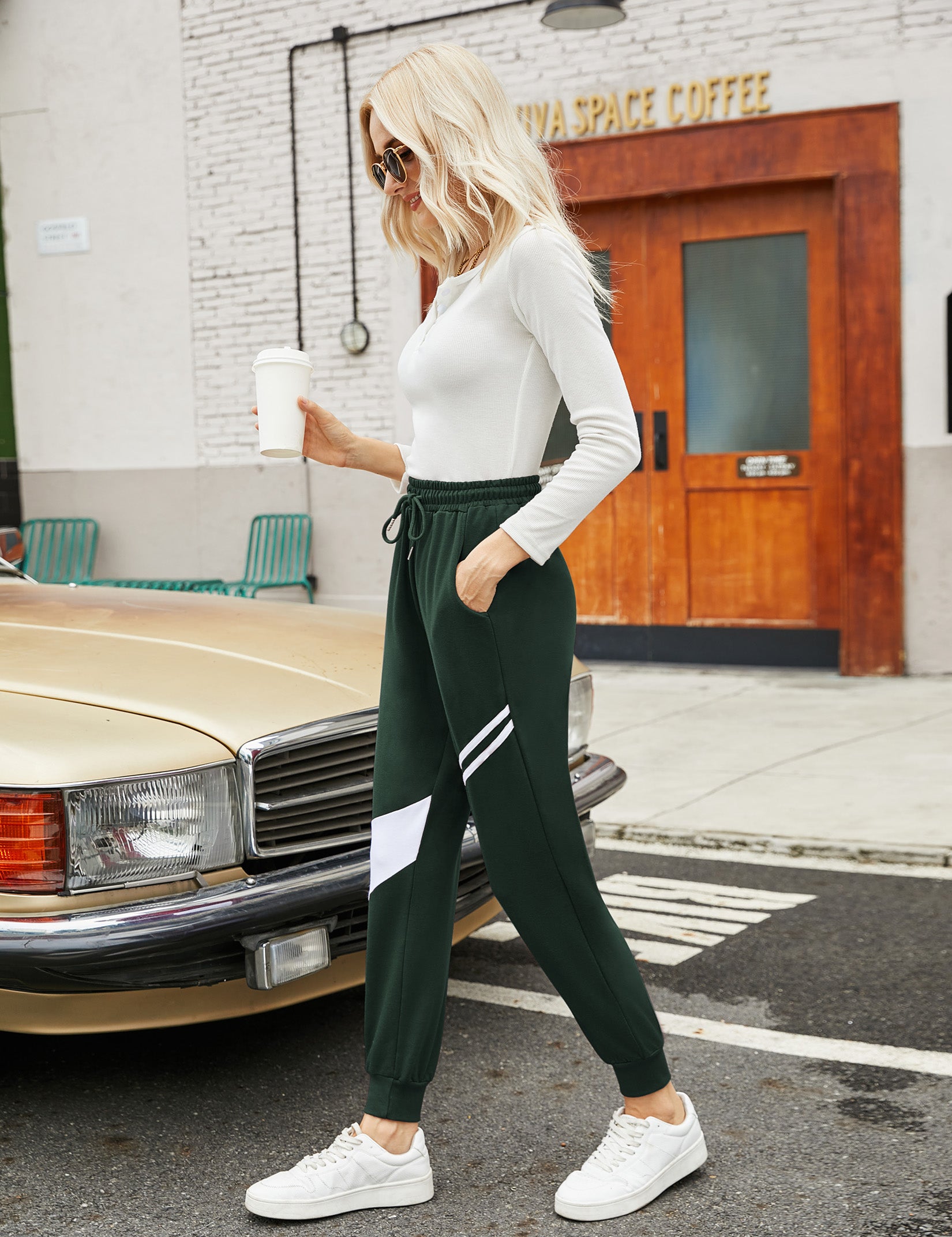 YESFASHION Women's Drawing Pockets Casual Sports Pants Green