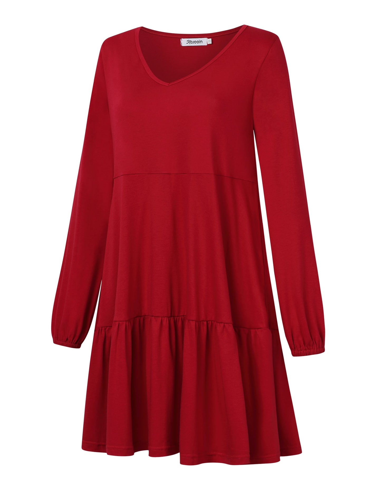 YESFASHION Women's V Neck Layered Dress Long Sleeve Dress Wine Red