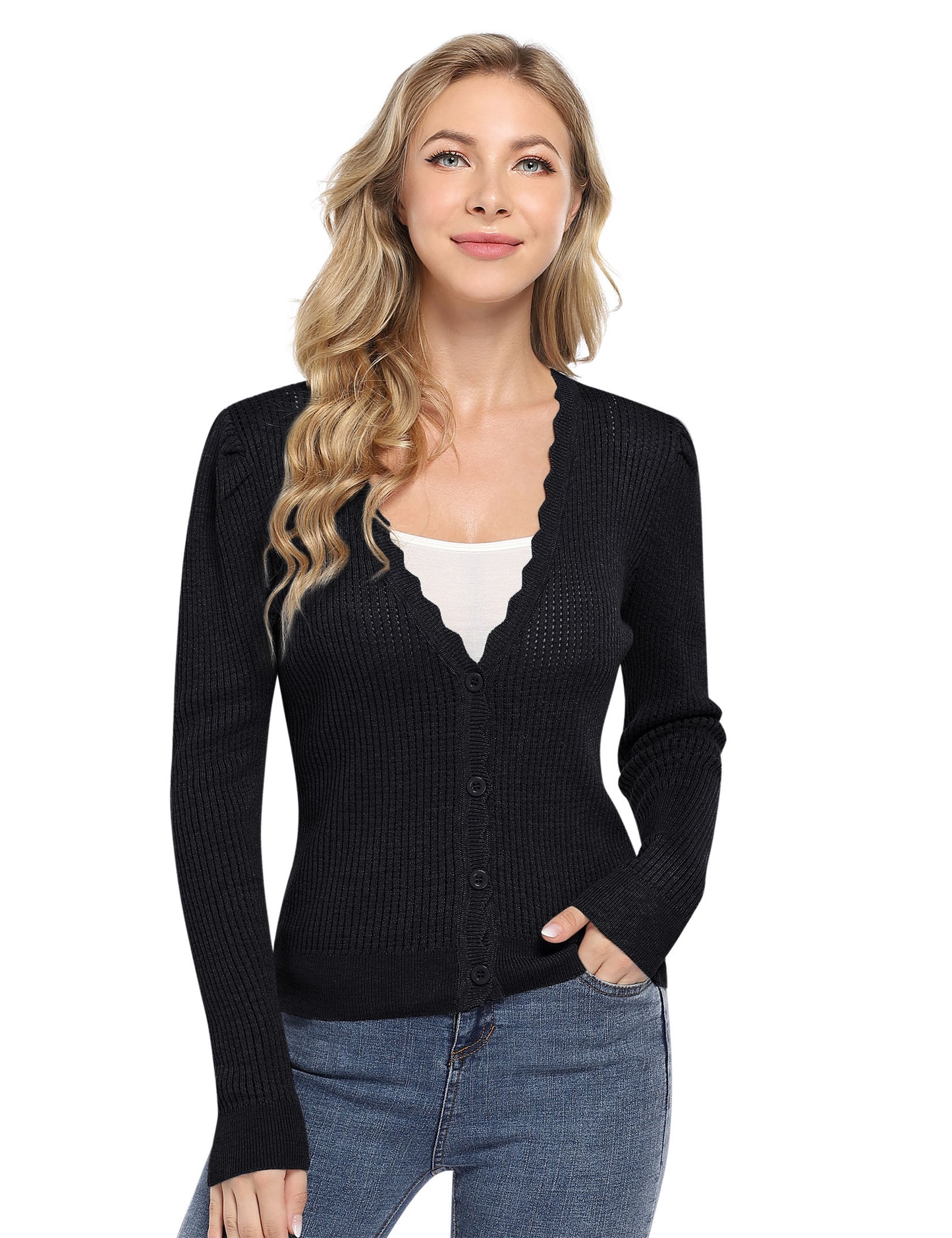 YESFASHION Women's Cropped Button Cardigan Sweaters Black