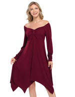 YESFASHION Women's Swing Dress V Neck Ruffle Beach Dress Wine Red