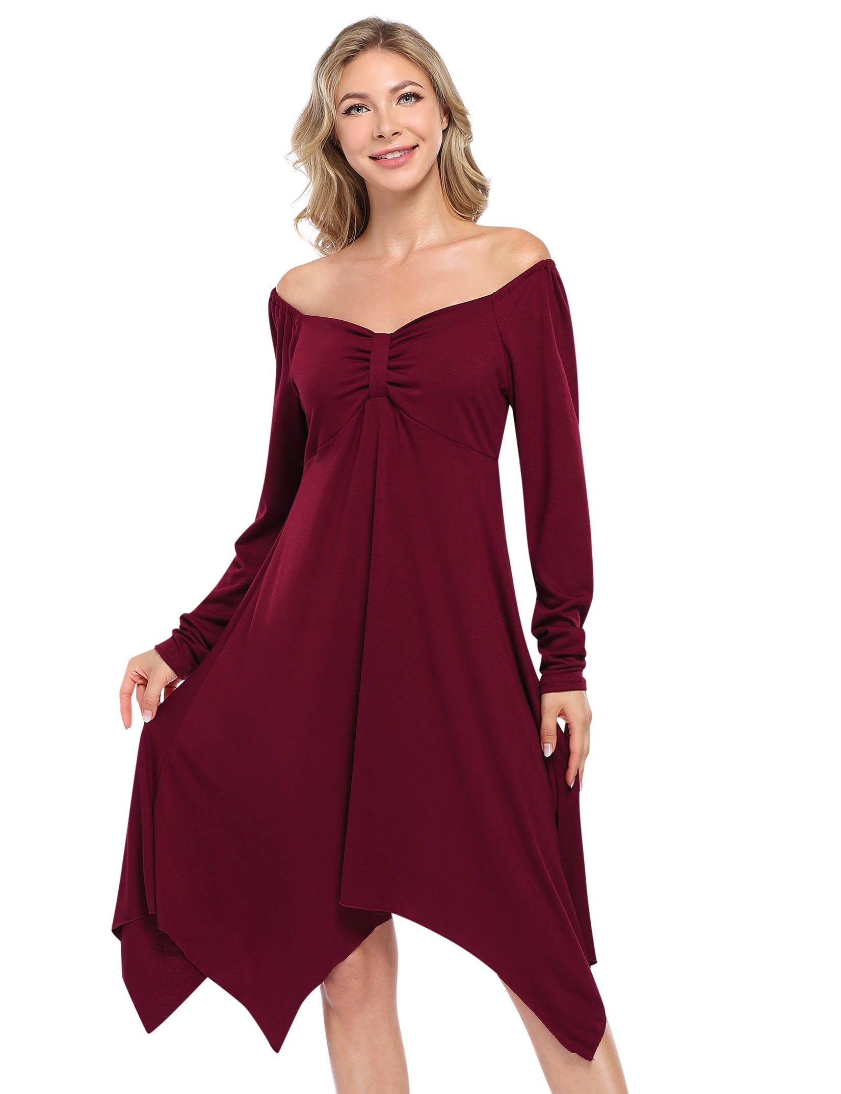 YESFASHION Women's Swing Dress V Neck Ruffle Beach Dress Wine Red