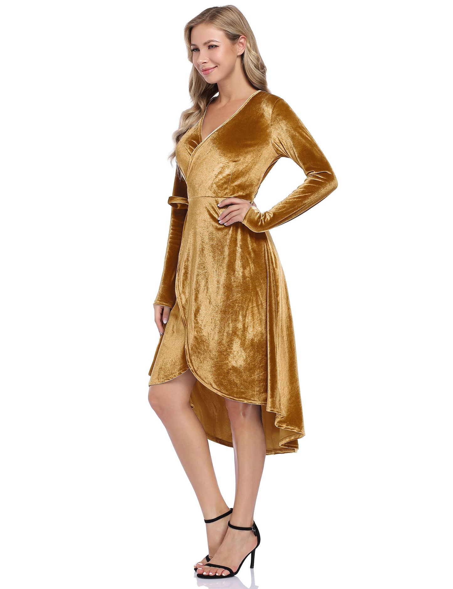 YESFASHION Women Velvet V-Neck Long Sleeve Empire Party Dress Gold
