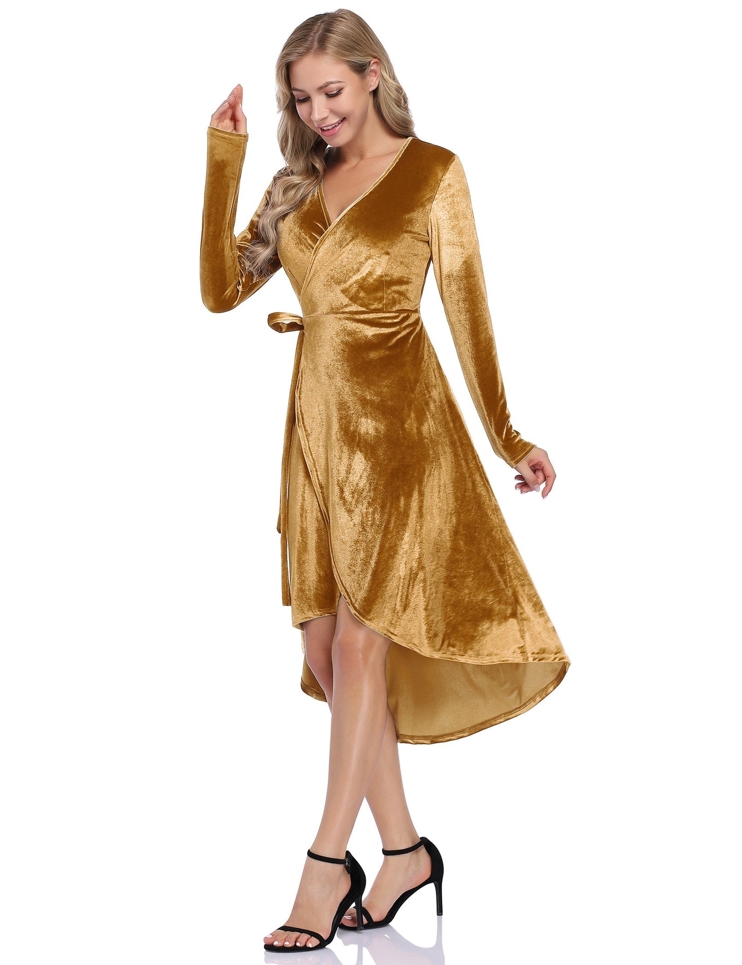 YESFASHION Women Velvet V-Neck Long Sleeve Empire Party Dress Gold