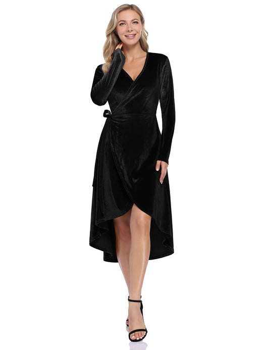 YESFASHION Women Velvet V-Neck Long Sleeve Empire Party Dress Black
