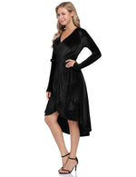 YESFASHION Women Velvet V-Neck Long Sleeve Empire Party Dress Black