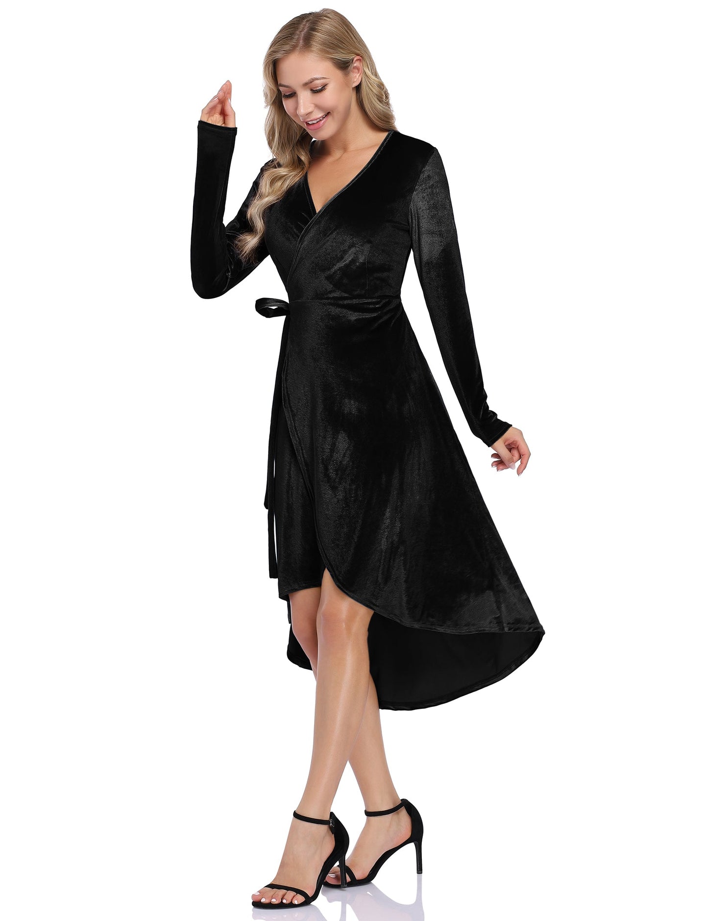 YESFASHION Women Velvet V-Neck Long Sleeve Empire Party Dress Black