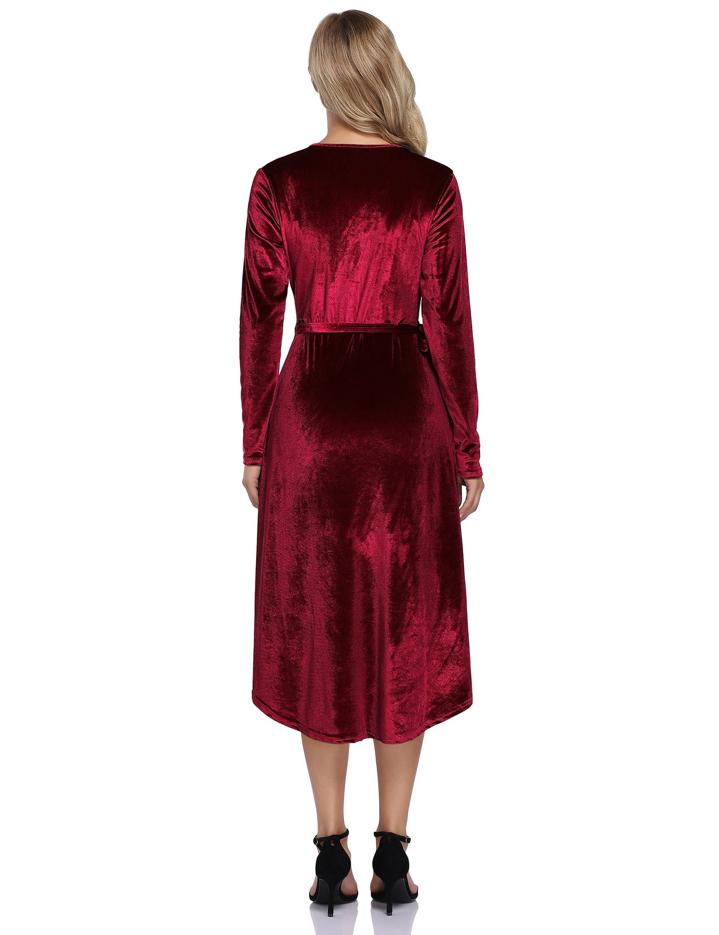 YESFASHION Women Velvet V-Neck Long Sleeve Empire Party Dress Red