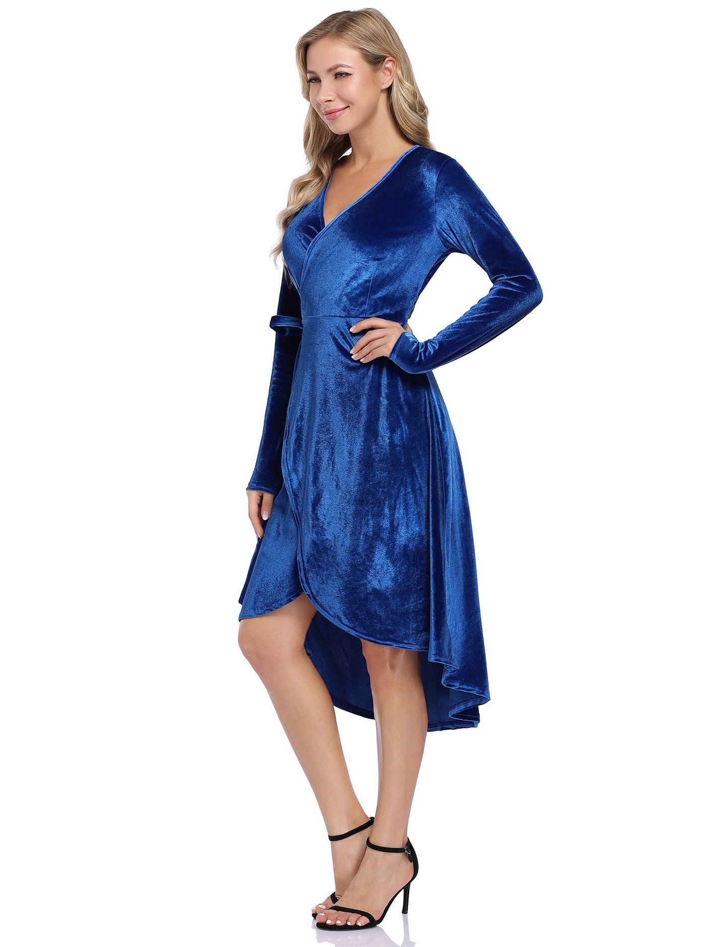 YESFASHION Women Velvet V-Neck Long Sleeve Empire Party Dress Blue