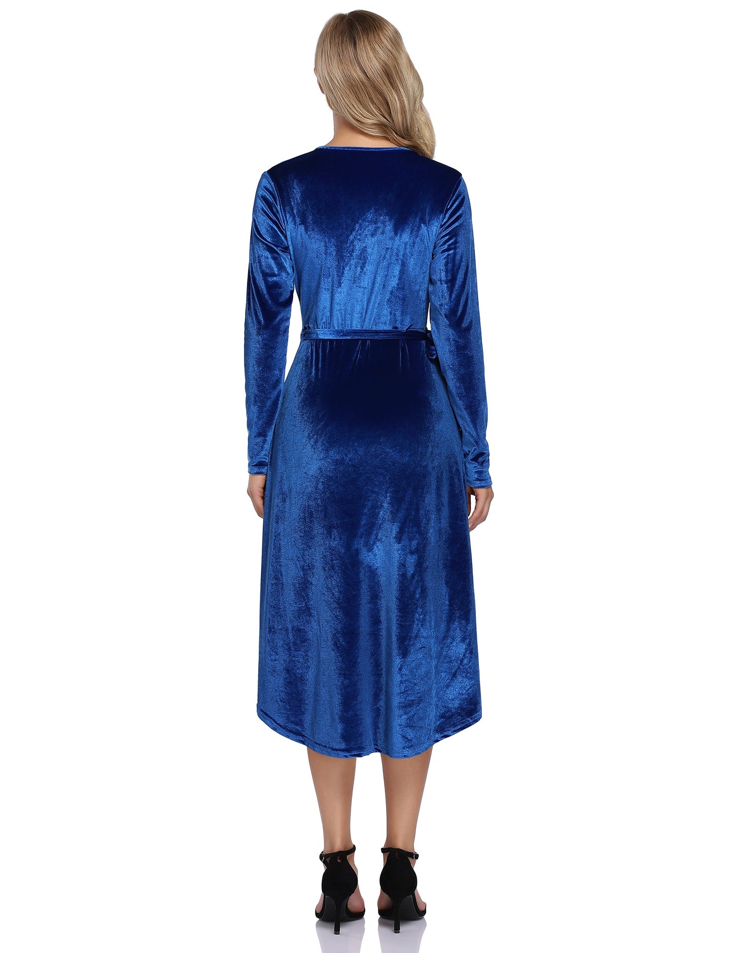 YESFASHION Women Velvet V-Neck Long Sleeve Empire Party Dress Blue