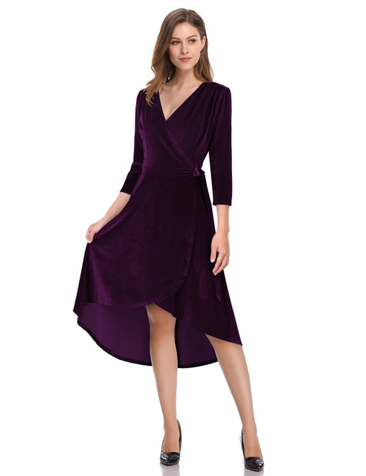 YESFASHION Women's Velvet V-Neck Long Sleeve Casual Party Dress Purple