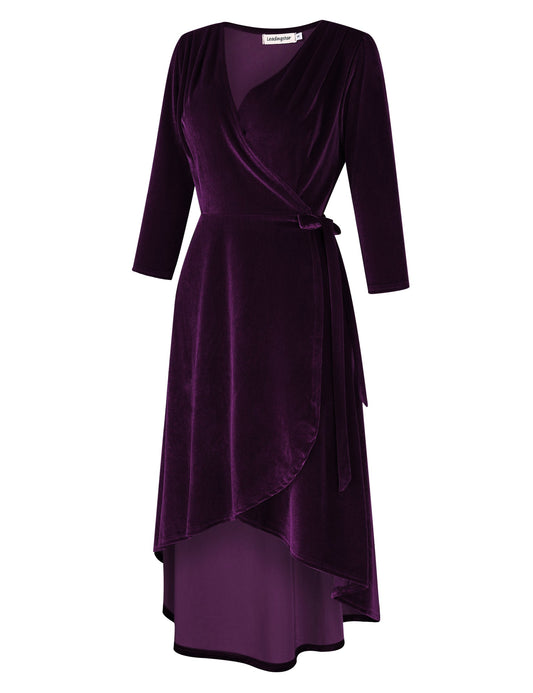 YESFASHION Women's Velvet V-Neck Long Sleeve Casual Party Dress Purple