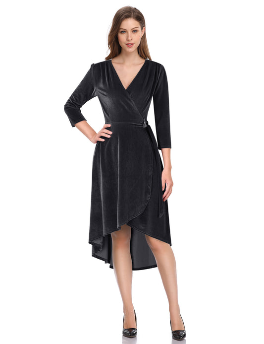 YESFASHION Women's Velvet V-Neck Long Sleeve Casual Party Dress Grey