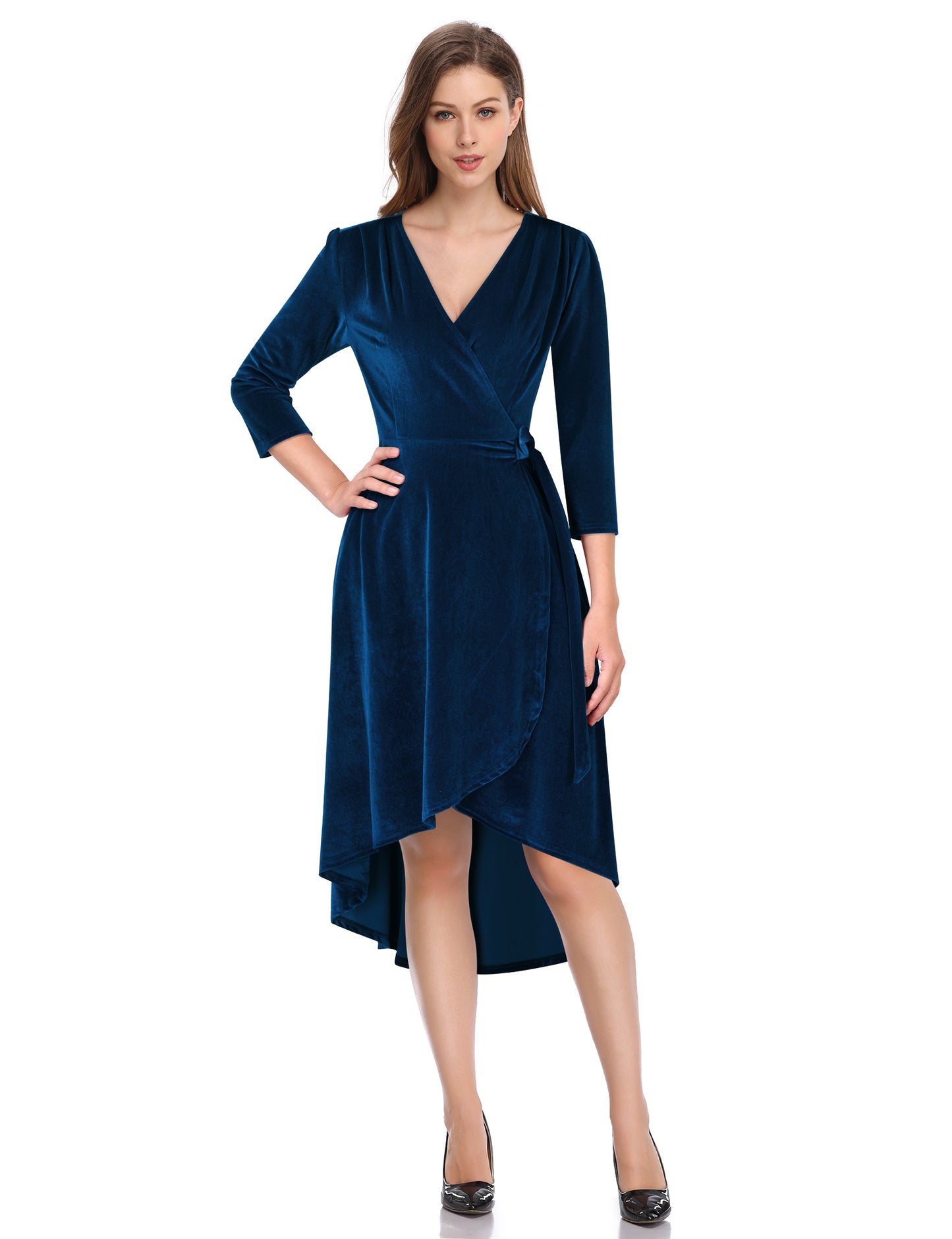 YESFASHION Women's Velvet V-Neck Long Sleeve Casual Party Dress Dark blue