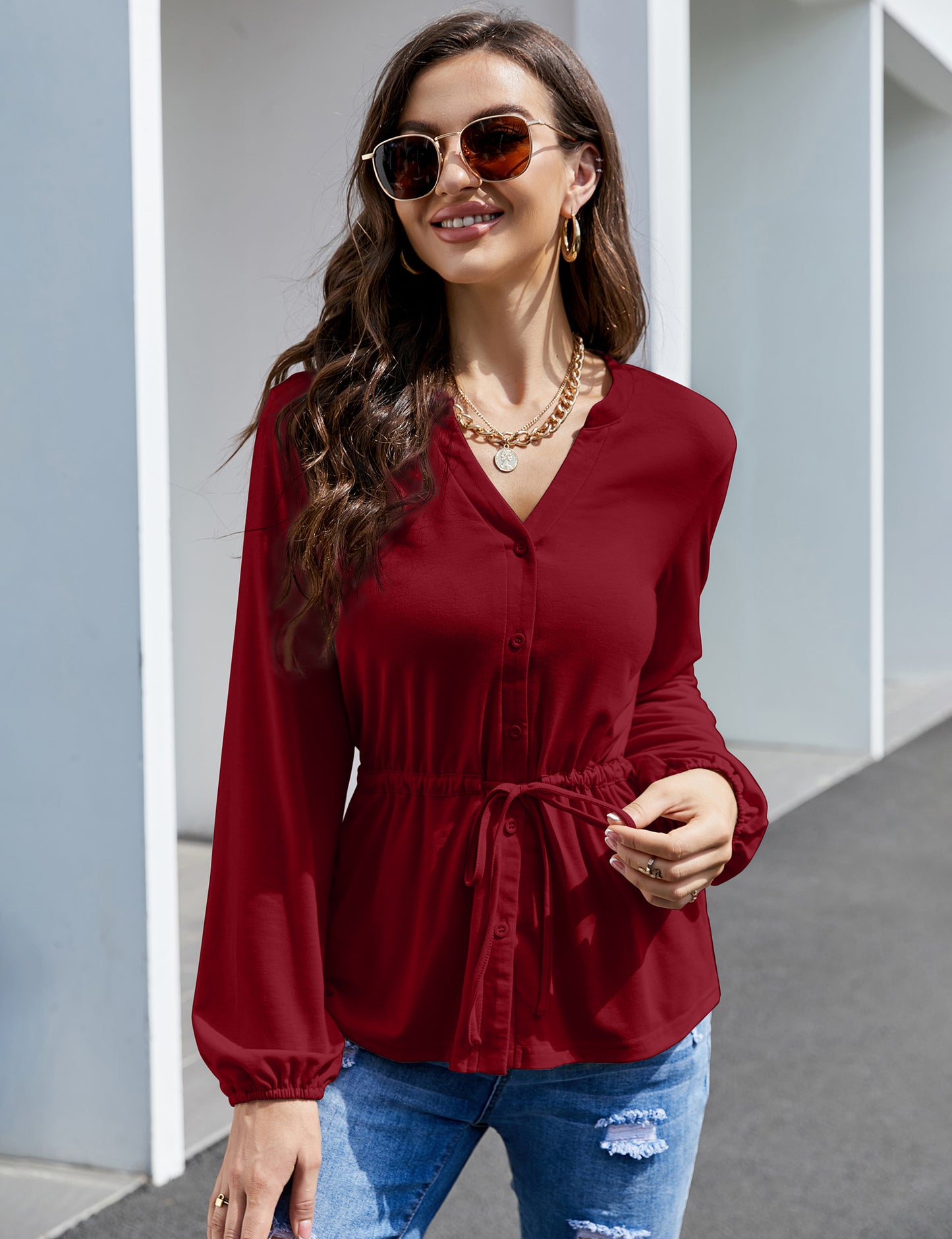 YESFASHION Women's Red Top Button Ruffle Long Sleeve Shirt Red