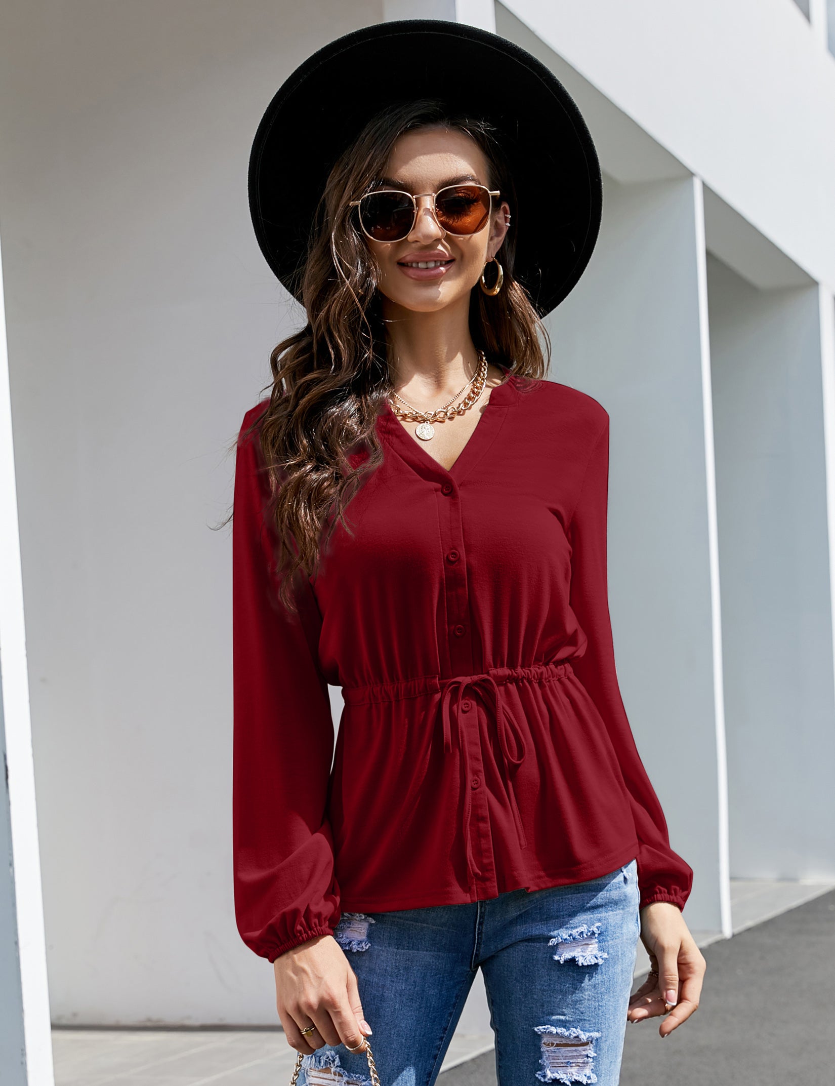 YESFASHION Women's Red Top Button Ruffle Long Sleeve Shirt Red