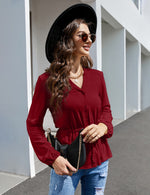 YESFASHION Women's Red Top Button Ruffle Long Sleeve Shirt Red