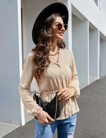 YESFASHION Women's Red Top Button Ruffle Long Sleeve Shirt Apricot