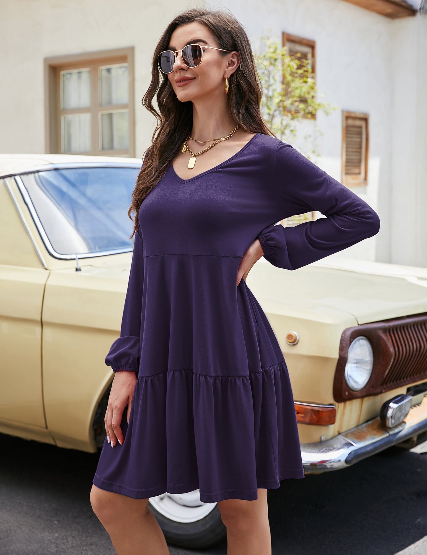 YESFASHION Women's V Neck Layered Dress Long Sleeve Dress Purple