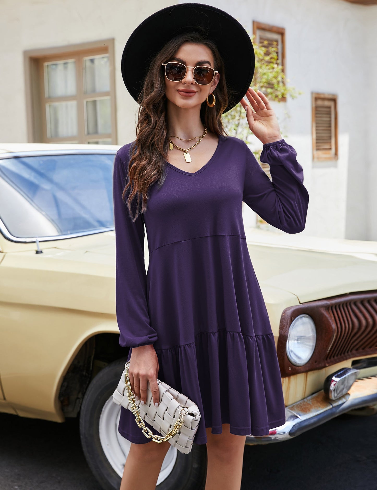 YESFASHION Women's V Neck Layered Dress Long Sleeve Dress Purple