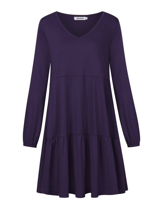 YESFASHION Women's V Neck Layered Dress Long Sleeve Dress Purple