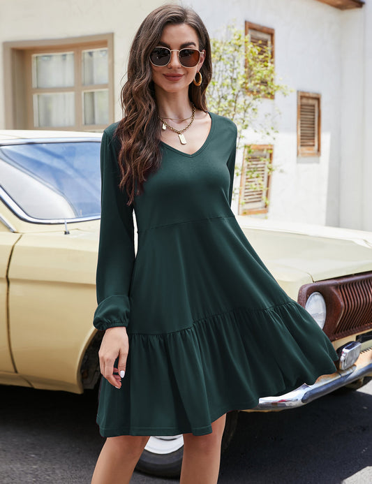 YESFASHION Women's V Neck Layered Dress Long Sleeve Dress Green