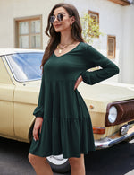 YESFASHION Women's V Neck Layered Dress Long Sleeve Dress Green