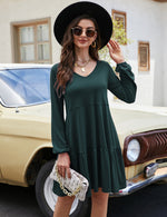 YESFASHION Women's V Neck Layered Dress Long Sleeve Dress Green