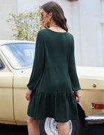 YESFASHION Women's V Neck Layered Dress Long Sleeve Dress Green