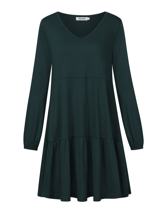 YESFASHION Women's V Neck Layered Dress Long Sleeve Dress Green