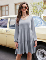 YESFASHION Women's V Neck Layered Dress Long Sleeve Dress Grey