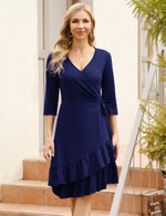 YESFASHION Women's Wrap Dress 3/4 Sleeve Ruffle Midi Dress Blue