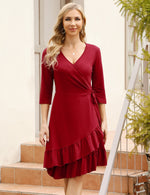 YESFASHION Women's Wrap Dress 3/4 Sleeve Ruffle Midi V Neck Dress