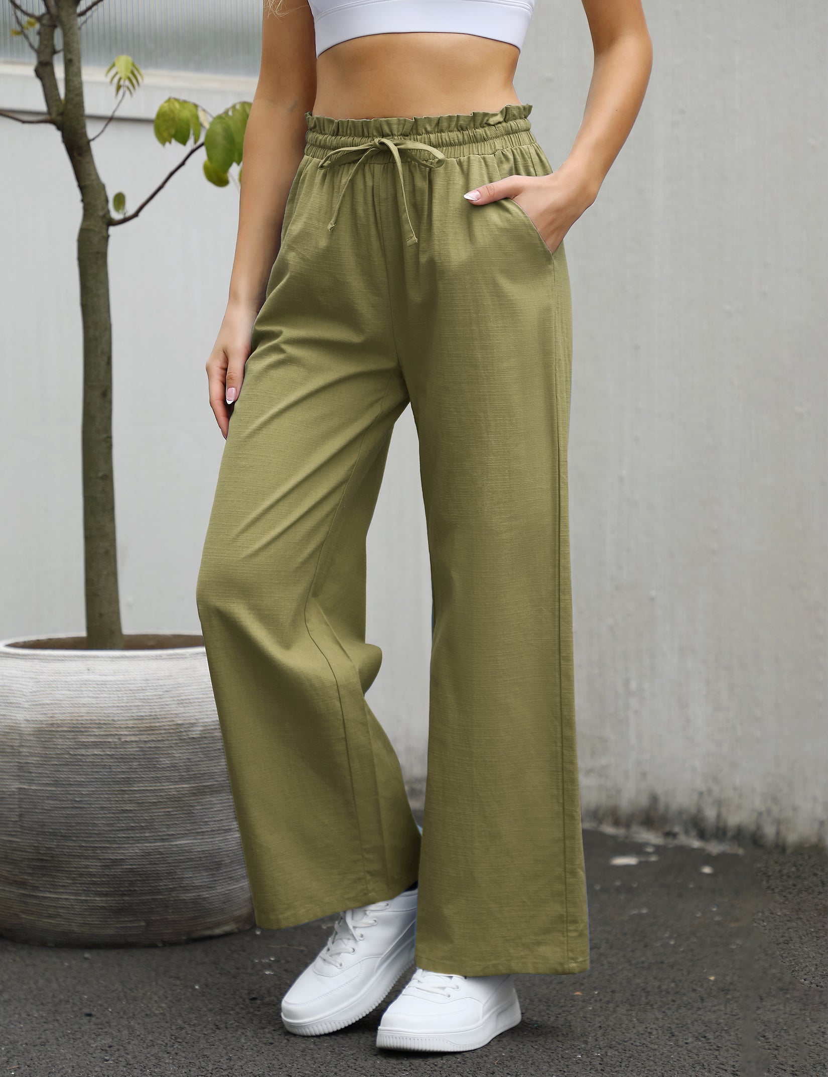 YESFASHION Womens Cotton Linen Pants High Waisted Wide Leg