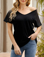 YESFASHION Sheer Sleeve Top Casual Panel V-Neck T-Shirt Grey