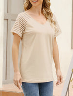 YESFASHION Sheer Sleeve Top Casual Panel V-Neck T-Shirt Apriot