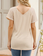 YESFASHION Sheer Sleeve Top Casual Panel V-Neck T-Shirt Apriot