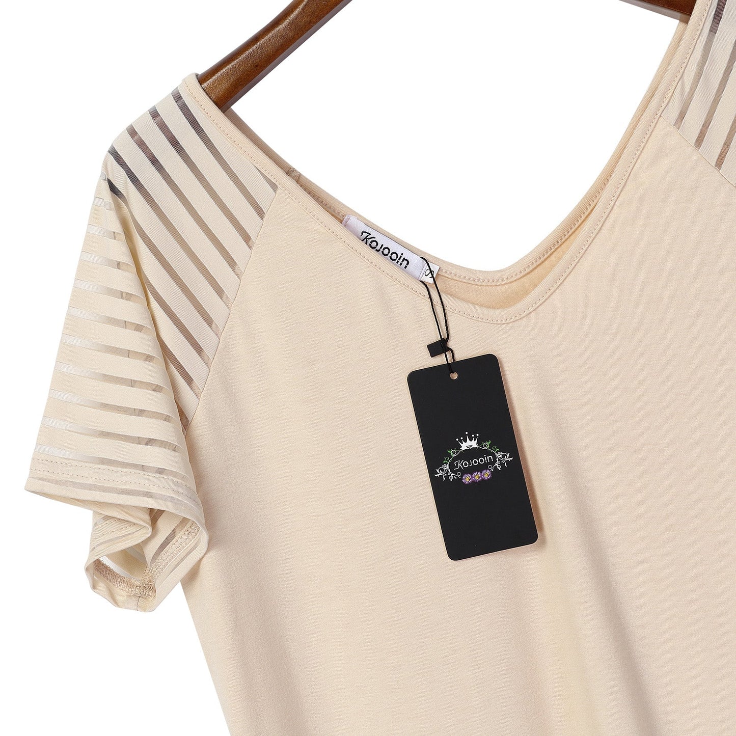 YESFASHION Sheer Sleeve Top Casual Panel V-Neck T-Shirt Apriot