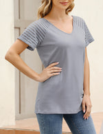 YESFASHION Sheer Sleeve Top Casual Panel V-Neck T-Shirt Grey