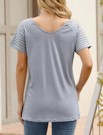 YESFASHION Sheer Sleeve Top Casual Panel V-Neck T-Shirt Grey