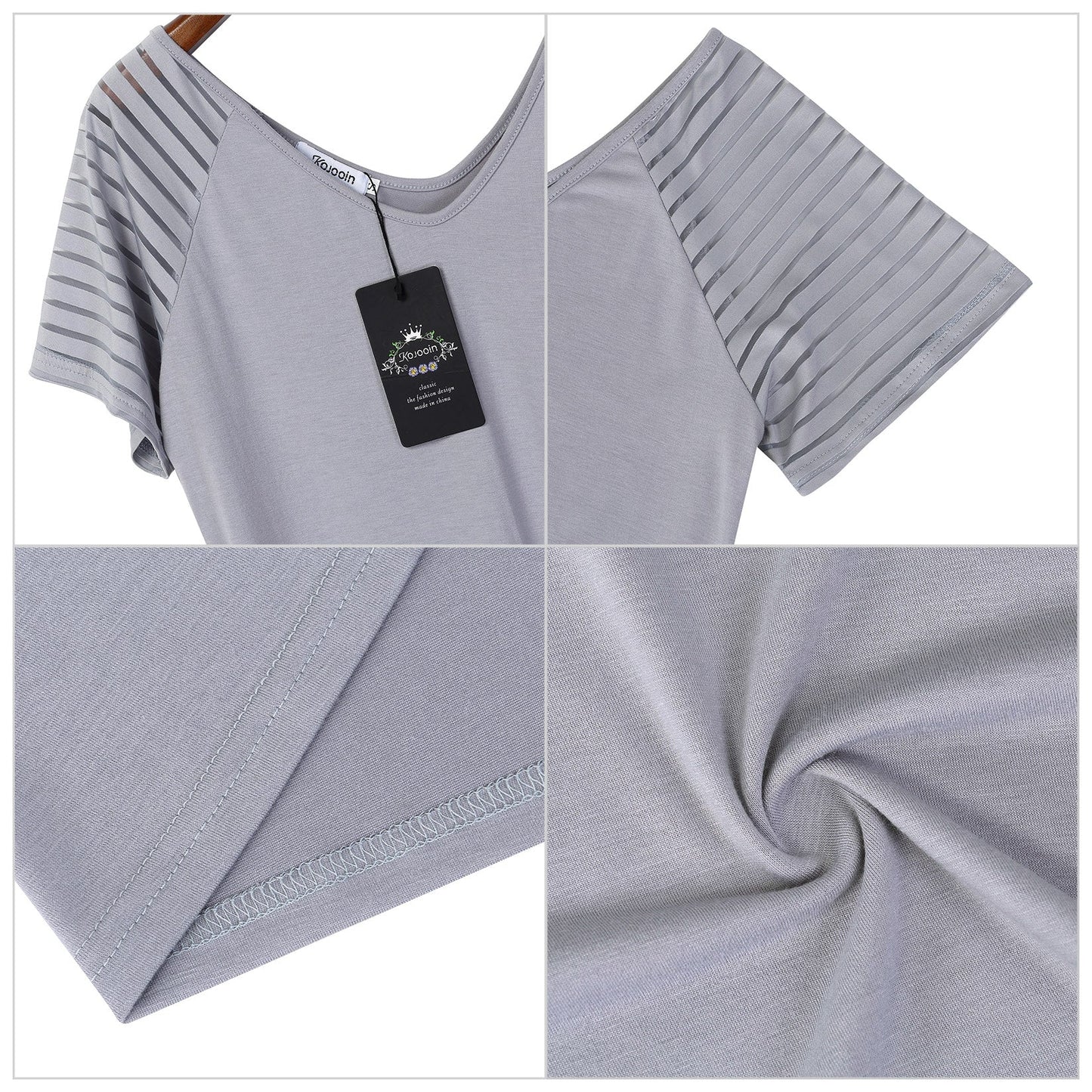 YESFASHION Sheer Sleeve Top Casual Panel V-Neck T-Shirt Grey